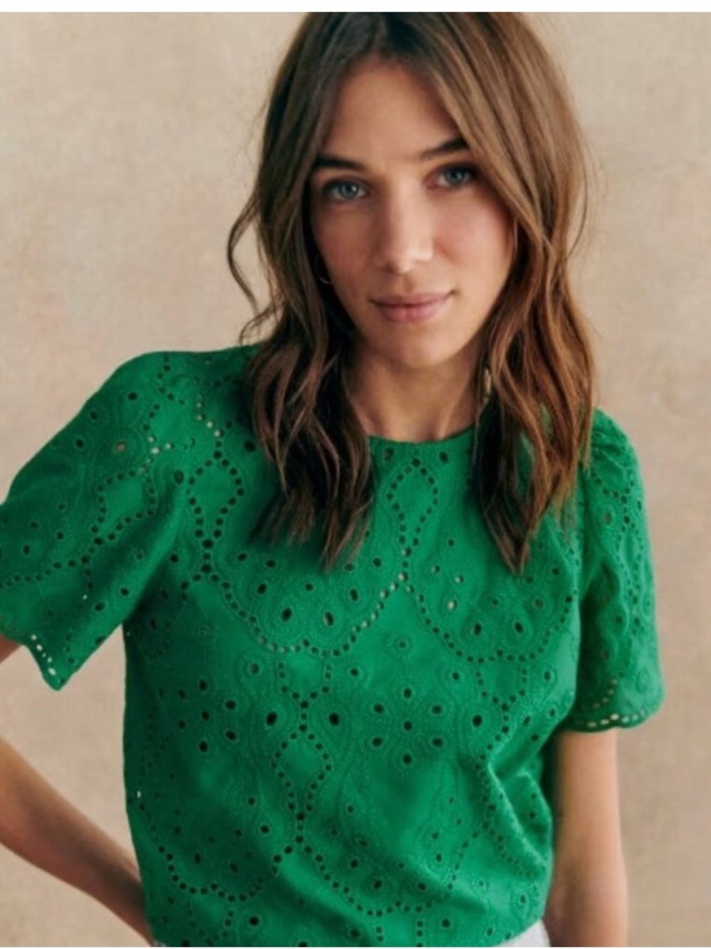 Sezane Green Eyelet Short Sleeve Blouse